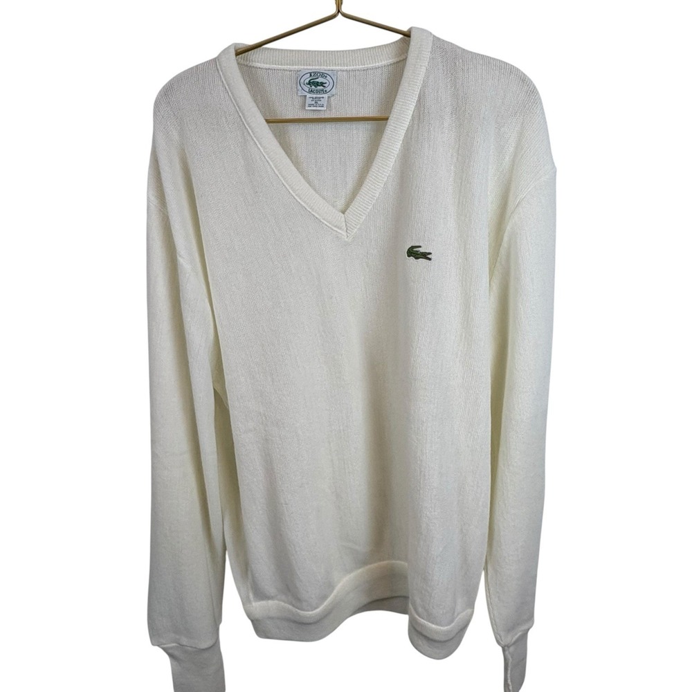 Vintage 80s Izod Lacoste Deep V Neck Sweater Men's XL Cream Beige